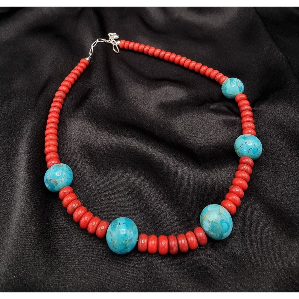 Desert Rose DTR Mine Finds Red Real Coral & Turquoise Beaded Necklace With 925